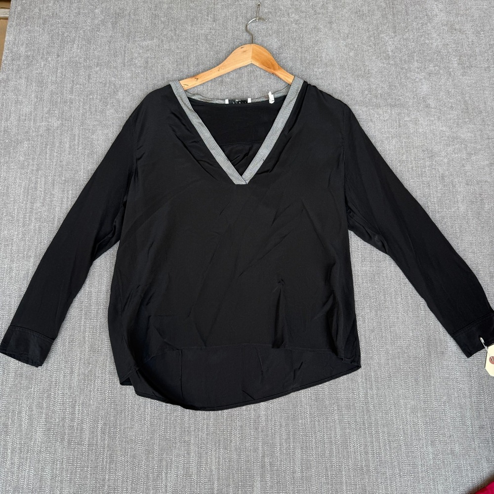 Sandro Paris Blouse Top Womens 3 Black Silk Long Sleeve V-Neck Metallic Trim